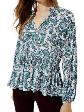 LOFT Petites Blouse Aqua Pink Floral Flowy SP